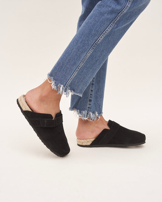 MANEBI - Suede Hamptons Clog Mules Black