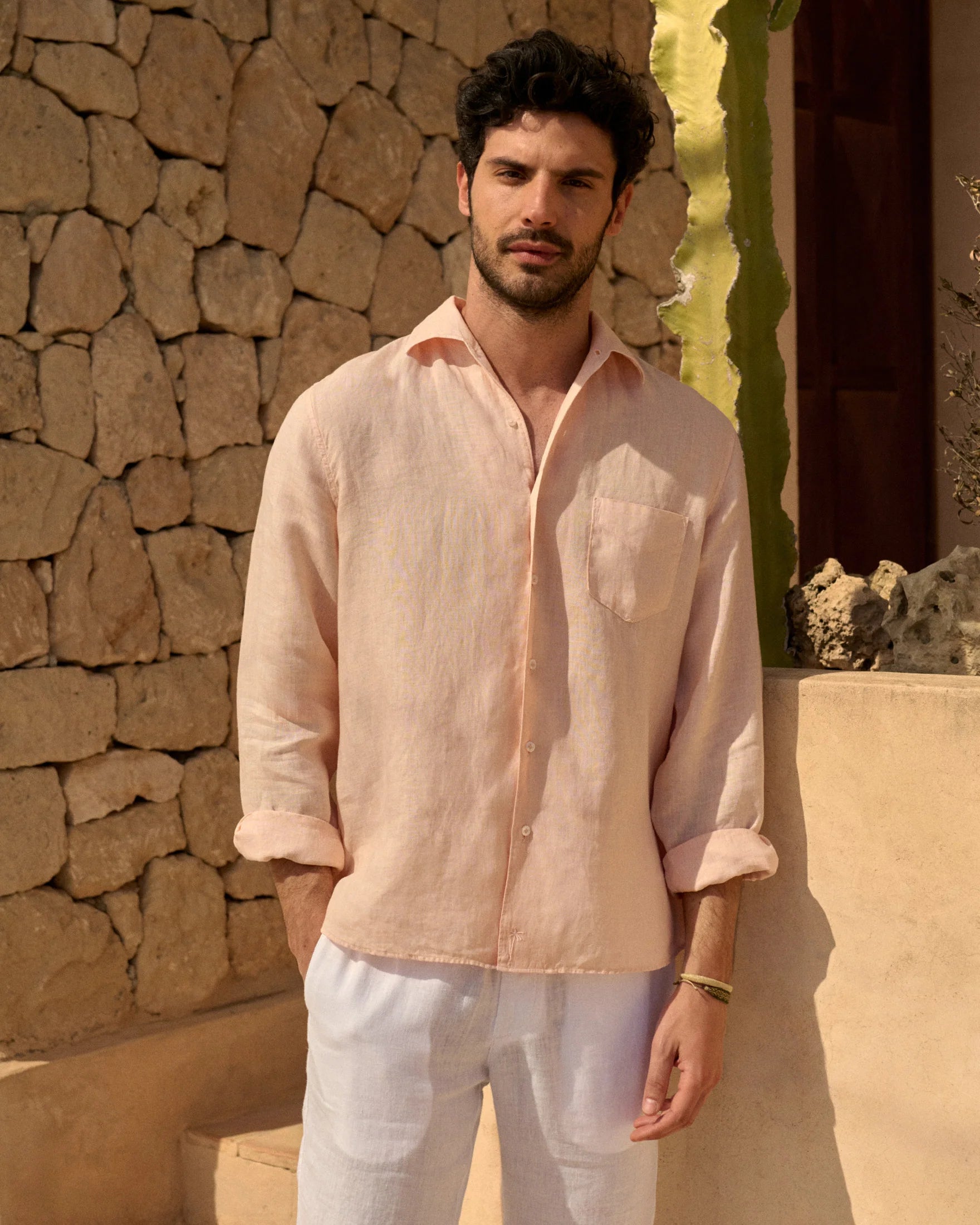 MANEBI - Linen Panama Shirt Beige and Rose