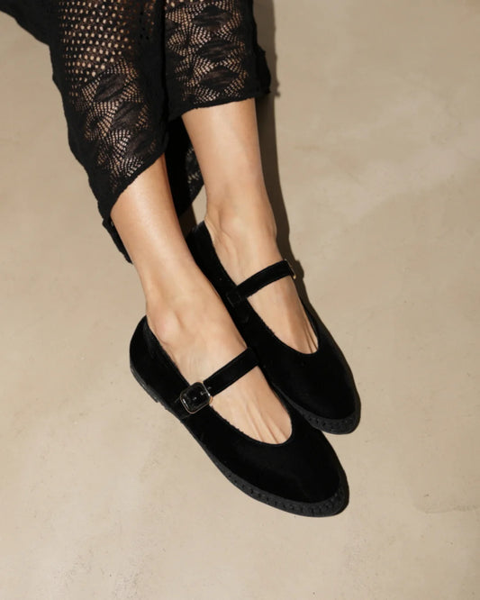 MANEBI - Ella Silk Velvet Mary Jane Ballerinas
