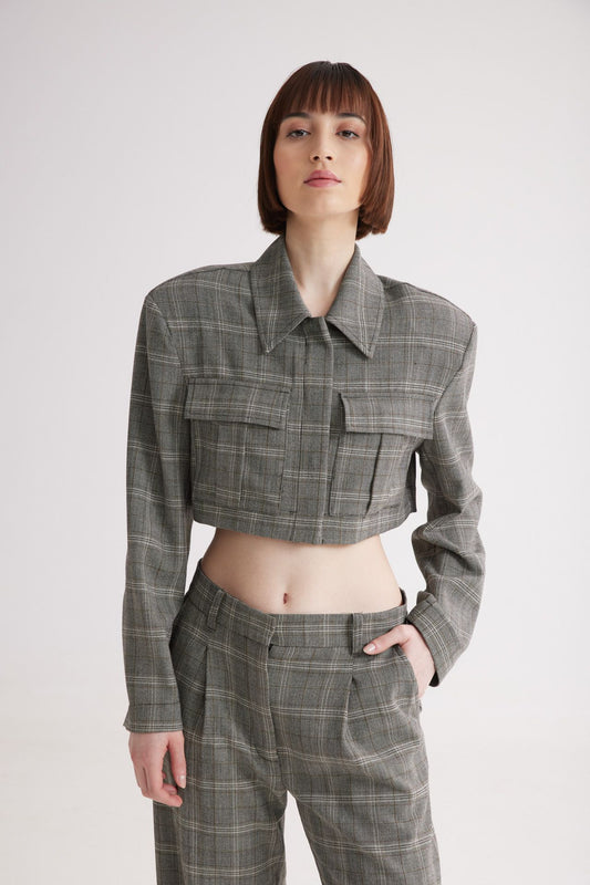 4TAILORS - Scottish Checked Cropped Blazer Grey