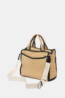 Woven raffia DKNY tote in natural beige with black details and bold logo, spacious and structured with dual handles and shoulder strap — ψάθινη DKNY τσάντα σε φυσική απόχρωση με μαύρες λεπτομέρειες και λογότυπο, ευρύχωρη και κομψή, ιδανική για summer city looks και resort styling με minimal χαρακτήρα. Διαθέσιμη στο Iconic Angels Glyfada.