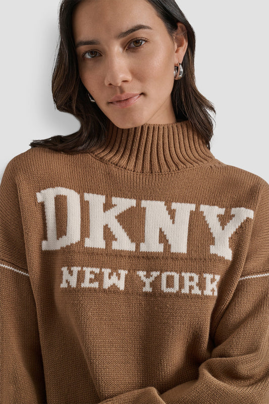 DKNY - Logo Intarsia Mock-Neck Sweater Brown