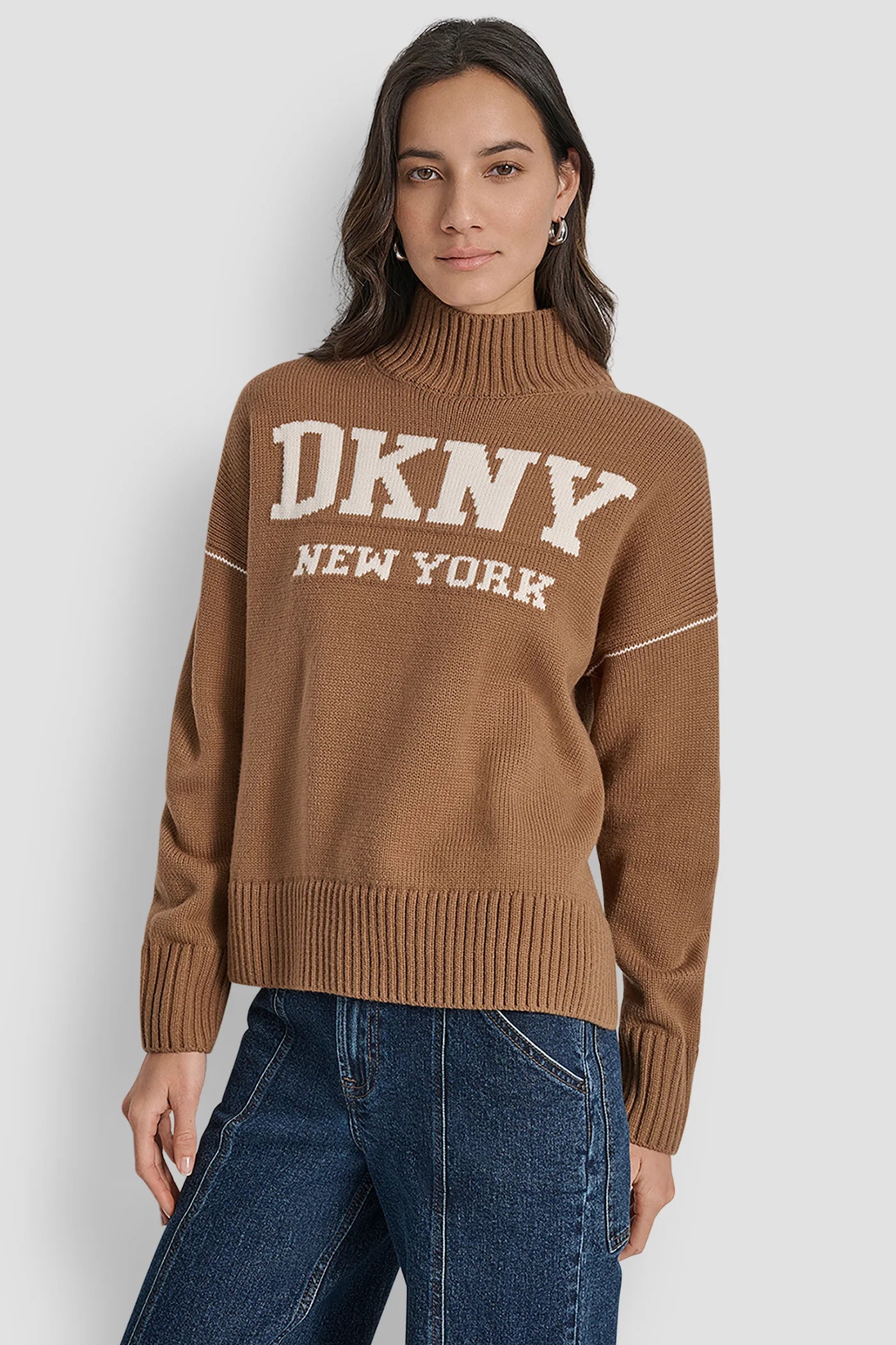DKNY - Logo Intarsia Mock-Neck Sweater Brown