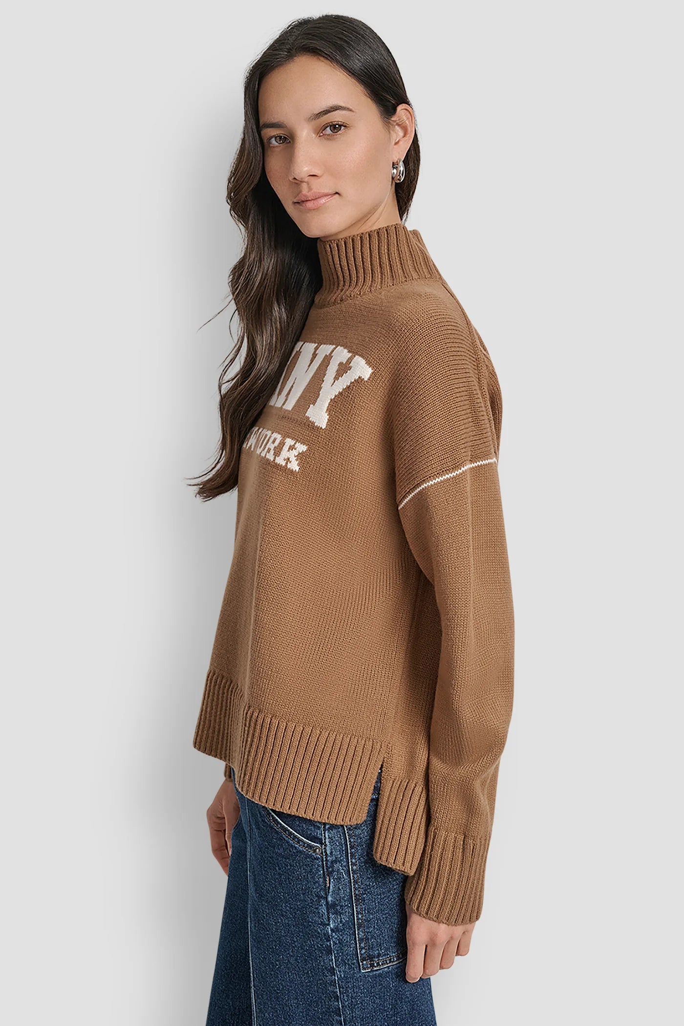 DKNY - Logo Intarsia Mock-Neck Sweater Brown