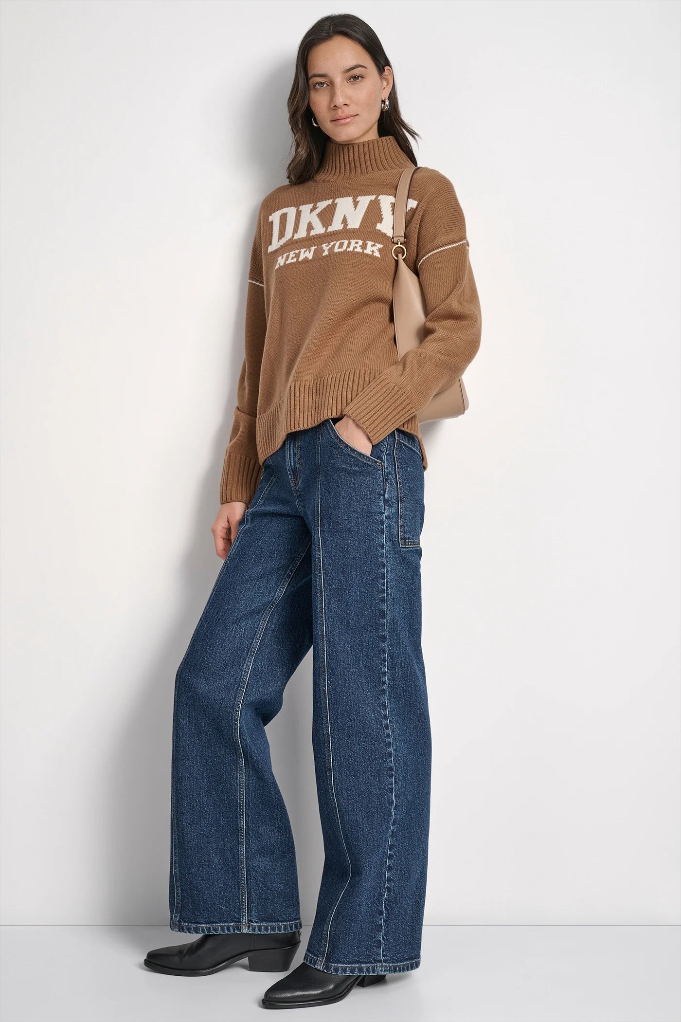 DKNY - Logo Intarsia Mock-Neck Sweater Brown