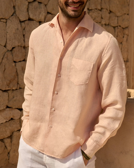 Washed Linen Panama Shirt Embroidered Palm