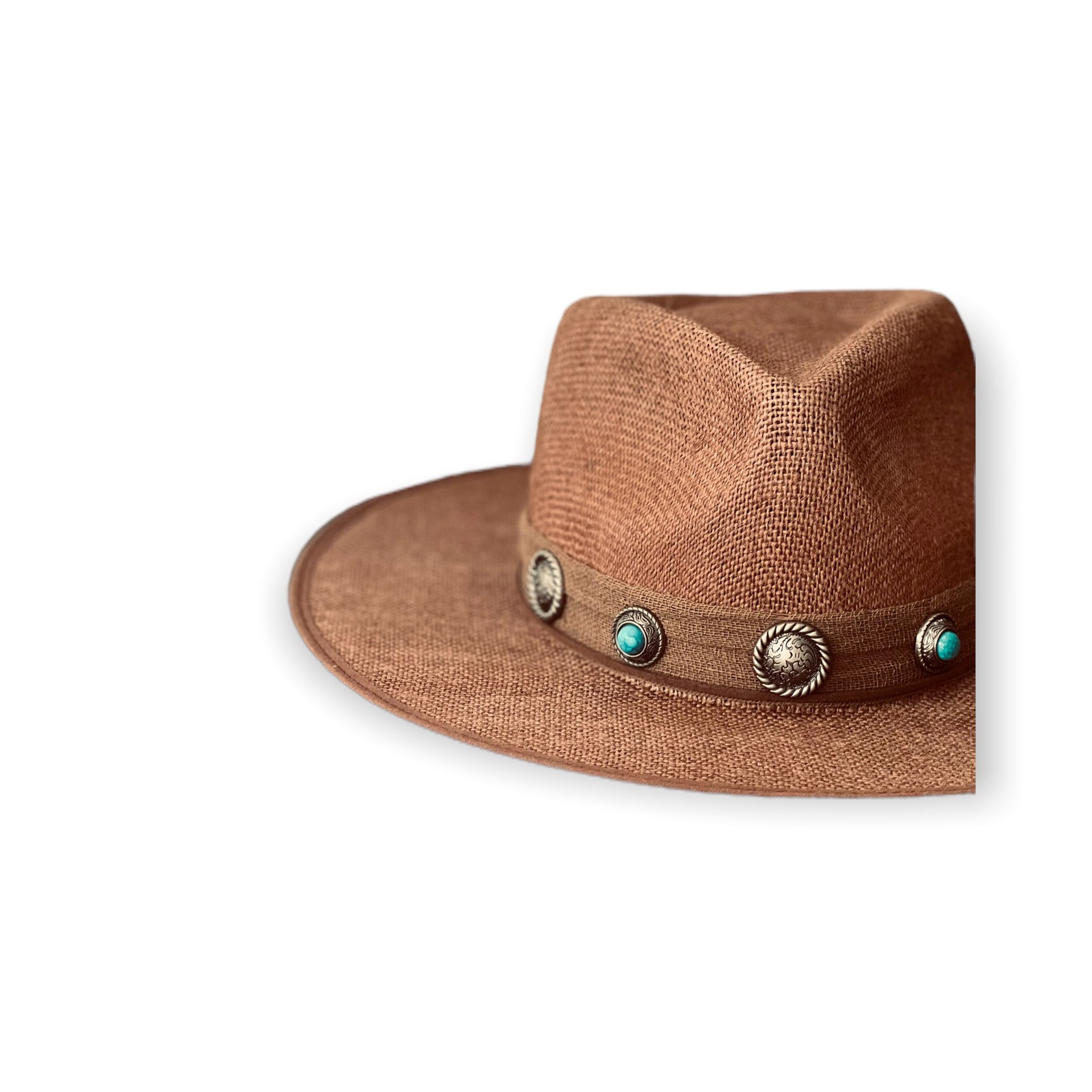 Brown Linen w/ blue buttons