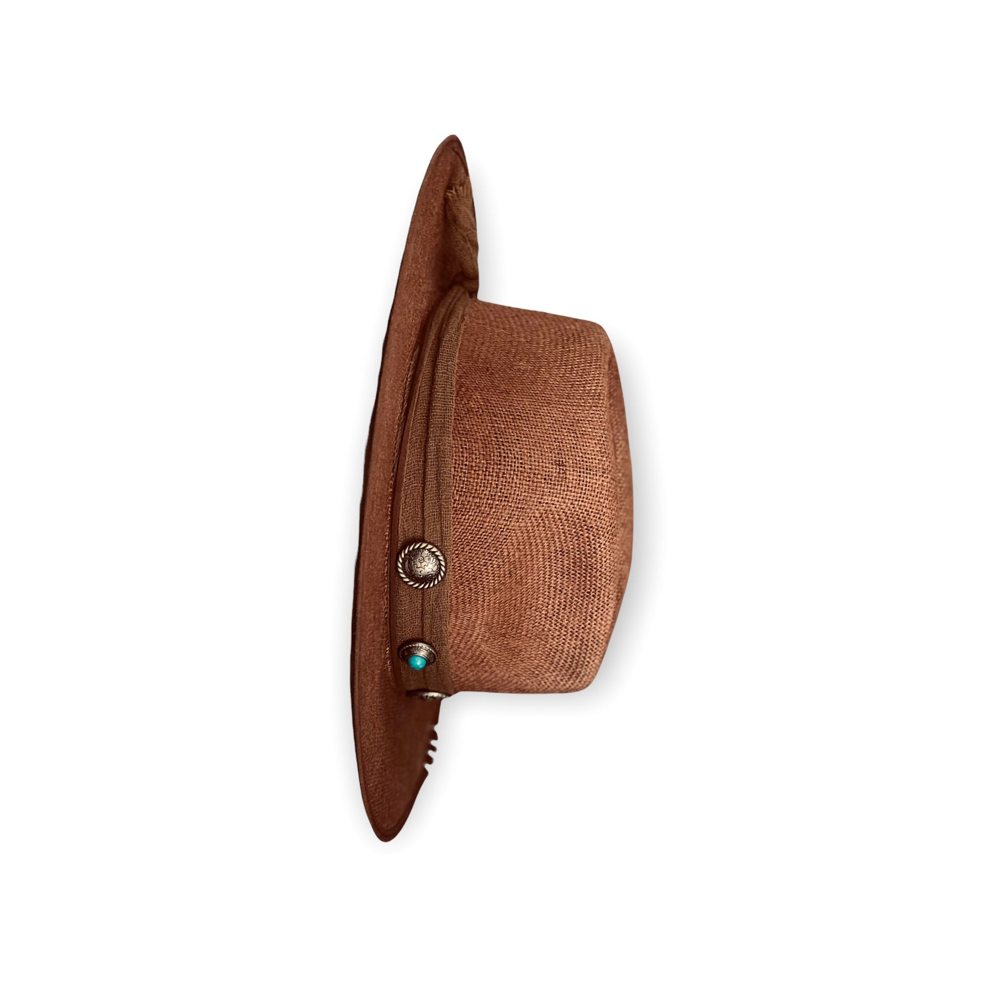 Brown Linen w/ blue buttons