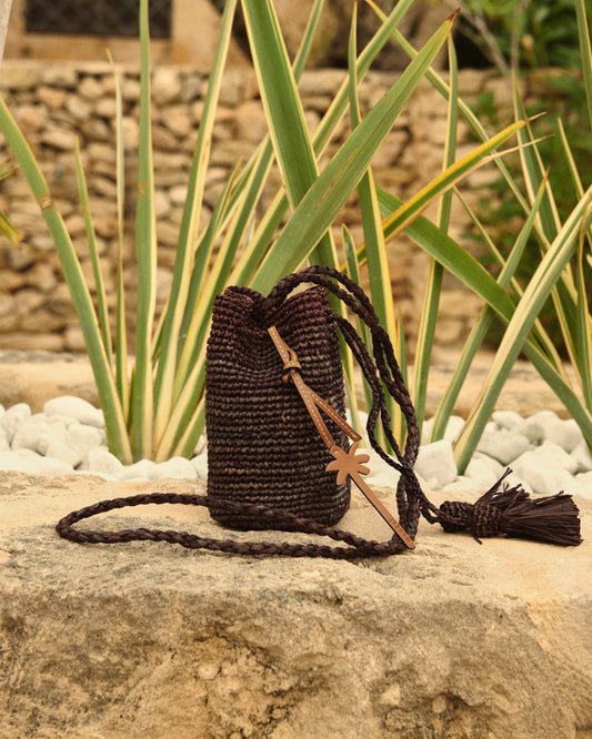 Raffia Chocolate Beach Bucket Mini Palm Leather Tag