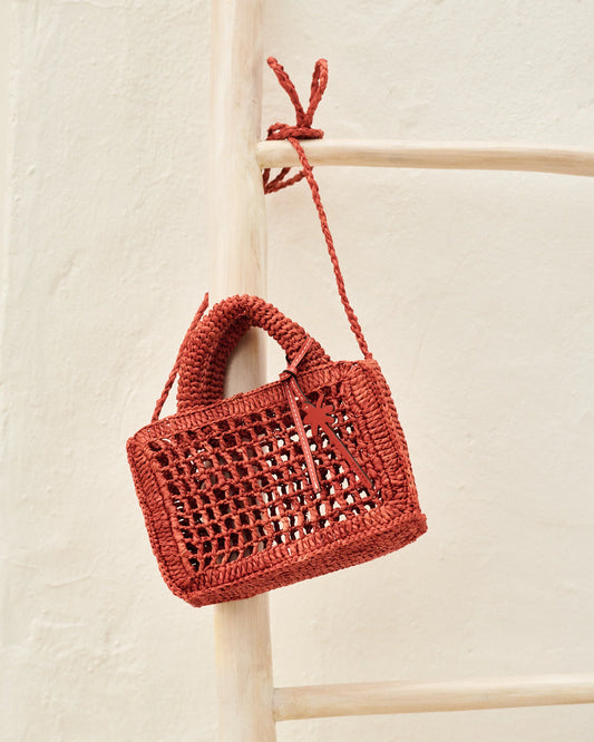 Raffia Rust Sunset Bag Mini Net Palm Leather Tag