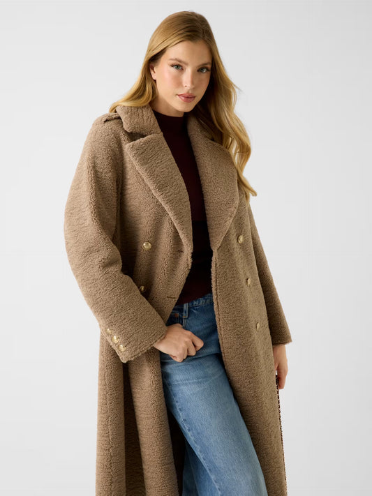 GUESS - Laila Faux Fur Bonded Coat Brown