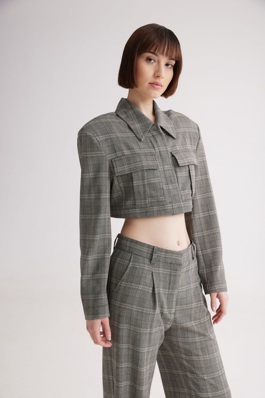 Scottish Checked Cropped Blazer Grey