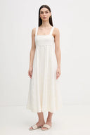 Ivory sleeveless midi dress with wide straps, square neckline and delicate vertical stitch details, offering effortless summer elegance — εκρού αμάνικο midi φόρεμα με φαρδιές τιράντες, τετράγωνο ντεκολτέ και διακριτικές κάθετες ραφές, ιδανικό για minimal chic day και island looks. Διαθέσιμο στο Iconic Angels Glyfada.
