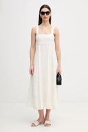 Ivory sleeveless midi dress with wide straps, square neckline and delicate vertical stitch details, offering effortless summer elegance — εκρού αμάνικο midi φόρεμα με φαρδιές τιράντες, τετράγωνο ντεκολτέ και διακριτικές κάθετες ραφές, ιδανικό για minimal chic day και island looks. Διαθέσιμο στο Iconic Angels Glyfada.