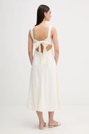 Ivory sleeveless midi dress with wide straps, square neckline and delicate vertical stitch details, offering effortless summer elegance — εκρού αμάνικο midi φόρεμα με φαρδιές τιράντες, τετράγωνο ντεκολτέ και διακριτικές κάθετες ραφές, ιδανικό για minimal chic day και island looks. Διαθέσιμο στο Iconic Angels Glyfada.