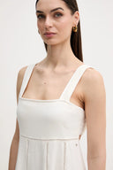 Ivory sleeveless midi dress with wide straps, square neckline and delicate vertical stitch details, offering effortless summer elegance — εκρού αμάνικο midi φόρεμα με φαρδιές τιράντες, τετράγωνο ντεκολτέ και διακριτικές κάθετες ραφές, ιδανικό για minimal chic day και island looks. Διαθέσιμο στο Iconic Angels Glyfada.