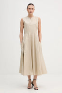 Beige sleeveless midi dress with clean round neckline, fitted waist and flared skirt with side pockets, combining minimal elegance with effortless structure — μπεζ αμάνικο midi φόρεμα με καθαρή λαιμόκοψη, τονισμένη μέση και άνετη φούστα με τσέπες, ιδανικό για office chic και refined day looks. Διαθέσιμο στο Iconic Angels Glyfada.