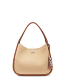 DKNY Capri natural woven hobo shoulder bag with raffia-style texture and brown leather trim, featuring a curved silhouette, DKNY logo hardware and spacious interior for elegant summer everyday styling — γυναικεία DKNY Capri natural woven hobo τσάντα ώμου με ψάθινη υφή και καφέ δερμάτινες λεπτομέρειες, ιδανική για κομψά καλοκαιρινά και καθημερινά looks.