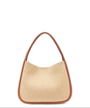 DKNY Capri natural woven hobo shoulder bag with raffia-style texture and brown leather trim, featuring a curved silhouette, DKNY logo hardware and spacious interior for elegant summer everyday styling — γυναικεία DKNY Capri natural woven hobo τσάντα ώμου με ψάθινη υφή και καφέ δερμάτινες λεπτομέρειες, ιδανική για κομψά καλοκαιρινά και καθημερινά looks.