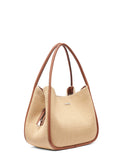 DKNY Capri natural woven hobo shoulder bag with raffia-style texture and brown leather trim, featuring a curved silhouette, DKNY logo hardware and spacious interior for elegant summer everyday styling — γυναικεία DKNY Capri natural woven hobo τσάντα ώμου με ψάθινη υφή και καφέ δερμάτινες λεπτομέρειες, ιδανική για κομψά καλοκαιρινά και καθημερινά looks.