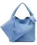 DKNY women’s light blue woven hobo bag with braided texture and single shoulder handle, featuring a matching removable pouch and modern New York style for elegant everyday outfits — γυναικεία γαλάζια υφαντή hobo τσάντα DKNY με braided υφή, μονό χερούλι ώμου και αποσπώμενο pouch, ιδανική για κομψά καθημερινά και καλοκαιρινά looks. Διαθέσιμη στο Iconic Angels Glyfada.