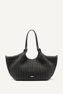 DKNY Paula medium black woven shoulder bag with textured raffia-style design and leather straps, featuring a soft curved silhouette and iconic DKNY charm for elegant everyday styling — γυναικεία DKNY Paula μεσαία μαύρη woven τσάντα ώμου με textured ψάθινη υφή και δερμάτινα λουριά, ιδανική για κομψά καθημερινά και καλοκαιρινά looks.