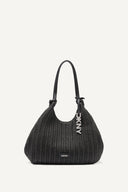 DKNY Paula medium black woven shoulder bag with textured raffia-style design and leather straps, featuring a soft curved silhouette and iconic DKNY charm for elegant everyday styling — γυναικεία DKNY Paula μεσαία μαύρη woven τσάντα ώμου με textured ψάθινη υφή και δερμάτινα λουριά, ιδανική για κομψά καθημερινά και καλοκαιρινά looks.