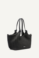 DKNY Paula medium black woven shoulder bag with textured raffia-style design and leather straps, featuring a soft curved silhouette and iconic DKNY charm for elegant everyday styling — γυναικεία DKNY Paula μεσαία μαύρη woven τσάντα ώμου με textured ψάθινη υφή και δερμάτινα λουριά, ιδανική για κομψά καθημερινά και καλοκαιρινά looks.
