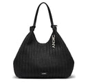 DKNY women’s black woven tote bag with textured straw-style design and leather shoulder straps, featuring a spacious silhouette and modern New York elegance for chic everyday and summer outfits — γυναικεία μαύρη woven tote τσάντα DKNY με textured ψάθινη υφή και δερμάτινα λουριά ώμου, ιδανική για κομψά καθημερινά και καλοκαιρινά looks. Διαθέσιμη στο Iconic Angels Glyfada.