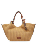 DKNY Paula medium natural woven shoulder bag with raffia-style texture and brown leather straps, featuring a soft curved silhouette and iconic DKNY logo charm for elegant summer everyday outfits — γυναικεία DKNY Paula μεσαία natural woven τσάντα ώμου με ψάθινη υφή και καφέ δερμάτινα λουριά, ιδανική για κομψά καλοκαιρινά και καθημερινά looks.
