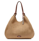 DKNY women’s natural woven tote bag with textured straw-style design and brown leather shoulder straps, featuring a spacious silhouette and modern New York elegance for chic summer and resort outfits — γυναικεία φυσική woven tote τσάντα DKNY με textured ψάθινη υφή και καφέ δερμάτινα λουριά ώμου, ιδανική για κομψά καλοκαιρινά και resort looks. Διαθέσιμη στο Iconic Angels Glyfada.