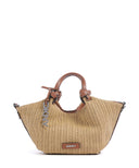 DKNY Paula small natural woven handbag with raffia-style texture and brown leather top handle, featuring a compact curved silhouette, DKNY logo charm and detachable shoulder strap for chic summer styling — γυναικεία DKNY Paula μικρή natural woven τσάντα χειρός με ψάθινη υφή και καφέ δερμάτινη λαβή, με αποσπώμενο λουρί ώμου για κομψά καλοκαιρινά looks.