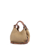 DKNY Paula small natural woven handbag with raffia-style texture and brown leather top handle, featuring a compact curved silhouette, DKNY logo charm and detachable shoulder strap for chic summer styling — γυναικεία DKNY Paula μικρή natural woven τσάντα χειρός με ψάθινη υφή και καφέ δερμάτινη λαβή, με αποσπώμενο λουρί ώμου για κομψά καλοκαιρινά looks.