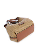 DKNY Paula small natural woven handbag with raffia-style texture and brown leather top handle, featuring a compact curved silhouette, DKNY logo charm and detachable shoulder strap for chic summer styling — γυναικεία DKNY Paula μικρή natural woven τσάντα χειρός με ψάθινη υφή και καφέ δερμάτινη λαβή, με αποσπώμενο λουρί ώμου για κομψά καλοκαιρινά looks.