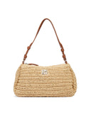 DKNY Remy natural woven shoulder bag with raffia-style texture and adjustable brown leather strap, featuring a compact rectangular silhouette and DKNY logo hardware for chic summer styling — γυναικεία DKNY Remy natural woven shoulder τσάντα με ψάθινη υφή και καφέ ρυθμιζόμενο δερμάτινο λουρί ώμου, ιδανική για κομψά καλοκαιρινά looks.