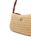 DKNY Remy natural woven shoulder bag with raffia-style texture and adjustable brown leather strap, featuring a compact rectangular silhouette and DKNY logo hardware for chic summer styling — γυναικεία DKNY Remy natural woven shoulder τσάντα με ψάθινη υφή και καφέ ρυθμιζόμενο δερμάτινο λουρί ώμου, ιδανική για κομψά καλοκαιρινά looks.