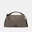 DKNY Jeans woven hobo handbag in natural and black raffia-style texture with black leather top handle and decorative bead charm, featuring a structured silhouette for stylish summer everyday looks — γυναικεία DKNY Jeans woven hobo τσάντα σε natural και μαύρη ψάθινη υφή με μαύρη δερμάτινη λαβή και διακοσμητικό charm, ιδανική για κομψά καλοκαιρινά looks.