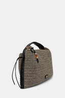DKNY Jeans woven hobo handbag in natural and black raffia-style texture with black leather top handle and decorative bead charm, featuring a structured silhouette for stylish summer everyday looks — γυναικεία DKNY Jeans woven hobo τσάντα σε natural και μαύρη ψάθινη υφή με μαύρη δερμάτινη λαβή και διακοσμητικό charm, ιδανική για κομψά καλοκαιρινά looks.