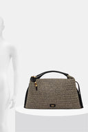 DKNY Jeans woven hobo handbag in natural and black raffia-style texture with black leather top handle and decorative bead charm, featuring a structured silhouette for stylish summer everyday looks — γυναικεία DKNY Jeans woven hobo τσάντα σε natural και μαύρη ψάθινη υφή με μαύρη δερμάτινη λαβή και διακοσμητικό charm, ιδανική για κομψά καλοκαιρινά looks.