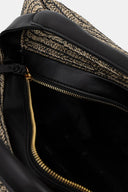 DKNY Jeans woven hobo handbag in natural and black raffia-style texture with black leather top handle and decorative bead charm, featuring a structured silhouette for stylish summer everyday looks — γυναικεία DKNY Jeans woven hobo τσάντα σε natural και μαύρη ψάθινη υφή με μαύρη δερμάτινη λαβή και διακοσμητικό charm, ιδανική για κομψά καλοκαιρινά looks.