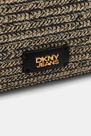 DKNY Jeans woven hobo handbag in natural and black raffia-style texture with black leather top handle and decorative bead charm, featuring a structured silhouette for stylish summer everyday looks — γυναικεία DKNY Jeans woven hobo τσάντα σε natural και μαύρη ψάθινη υφή με μαύρη δερμάτινη λαβή και διακοσμητικό charm, ιδανική για κομψά καλοκαιρινά looks.