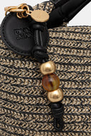 DKNY Jeans woven hobo handbag in natural and black raffia-style texture with black leather top handle and decorative bead charm, featuring a structured silhouette for stylish summer everyday looks — γυναικεία DKNY Jeans woven hobo τσάντα σε natural και μαύρη ψάθινη υφή με μαύρη δερμάτινη λαβή και διακοσμητικό charm, ιδανική για κομψά καλοκαιρινά looks.