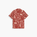 OAS red short sleeve shirt with off-white abstract graphic pattern and camp collar, featuring a relaxed fit and lightweight fabric for statement summer styling — κόκκινο κοντομάνικο πουκάμισο OAS με off-white abstract graphic μοτίβο και camp γιακά, με χαλαρή γραμμή και ελαφρύ ύφασμα για statement καλοκαιρινά looks.