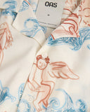 OAS Lorien Rocco ecru printed shirt with artistic myth-inspired illustrations in blue and terracotta tones, relaxed fit, camp collar and short sleeves for standout summer styling — ανδρικό OAS Lorien Rocco εκρού printed πουκάμισο με καλλιτεχνικό myth-inspired μοτίβο σε μπλε και terracotta αποχρώσεις, χαλαρή γραμμή, camp γιακά και κοντά μανίκια για ξεχωριστά καλοκαιρινά looks.