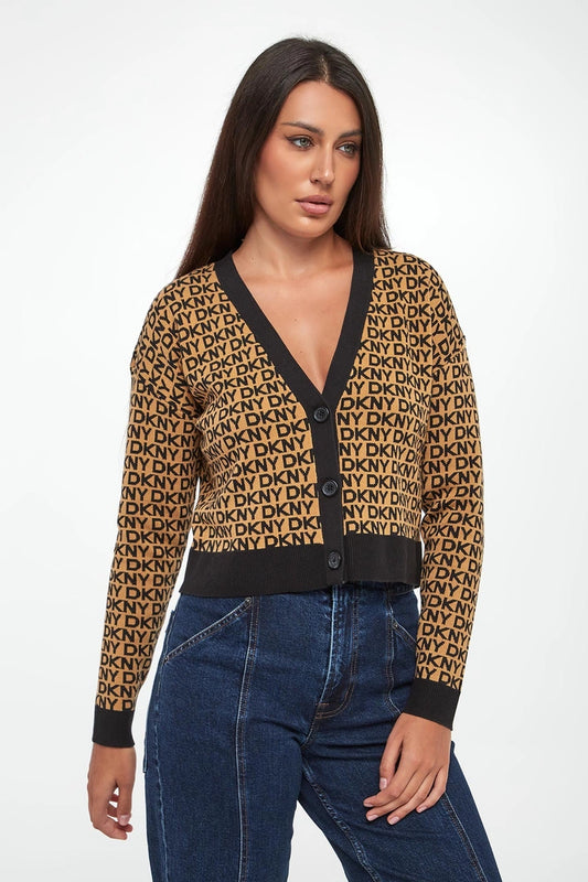 DKNY - Logo Jacquard Long Sleeve V-Neck Cardigan