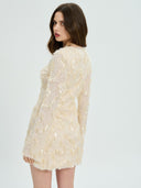 Project Soma cream mini dress with textured fringe and sequin detailing, featuring a deep V-neckline, long sleeves and fitted silhouette for statement evening and party looks — γυναικείο Project Soma κρεμ mini φόρεμα με κρόσσια και παγιέτες, βαθύ ντεκολτέ και μακριά μανίκια, ιδανικό για εντυπωσιακές βραδινές εμφανίσεις.