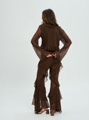 Project Soma brown sheer ruffle pants with layered chiffon detailing and flowing wide-leg silhouette, featuring a high-waisted fit and statement cascading frills for bold evening and fashion-forward looks — γυναικείο Project Soma καφέ διάφανο παντελόνι με βολάν και layered chiffon υφή, σε εντυπωσιακή wide-leg γραμμή για ιδιαίτερα βραδινά looks.
