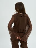 Project Soma brown sheer ruffle crop top with lightweight chiffon fabric and cascading frill detailing, featuring a deep V neckline, tie-front closure and flared sleeves for bold coordinated and evening looks — γυναικείο Project Soma καφέ διάφανο crop top με βολάν και chiffon υφή, με βαθύ ντεκολτέ, δέσιμο μπροστά και καμπάνα μανίκια για εντυπωσιακά σύνολα.