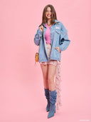 Pink floral ruffle skort from Project Soma x Barbie collection with asymmetric draped detail and playful silhouette for statement summer styling — ροζ floral γυναικείο skort Project Soma x Barbie με ασύμμετρο ruffle και ανάλαφρη γραμμή για εντυπωσιακά summer looks. Διαθέσιμο στο Iconic Angels Glyfada.