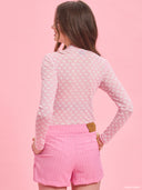 Pink monogram long-sleeve bodysuit from Project Soma x Barbie collection with fitted silhouette and all-over Barbie pattern for chic statement styling — ροζ monogram γυναικείο bodysuit Project Soma x Barbie με εφαρμοστή γραμμή και Barbie μοτίβο για fashion looks. Διαθέσιμο στο Iconic Angels Glyfada.